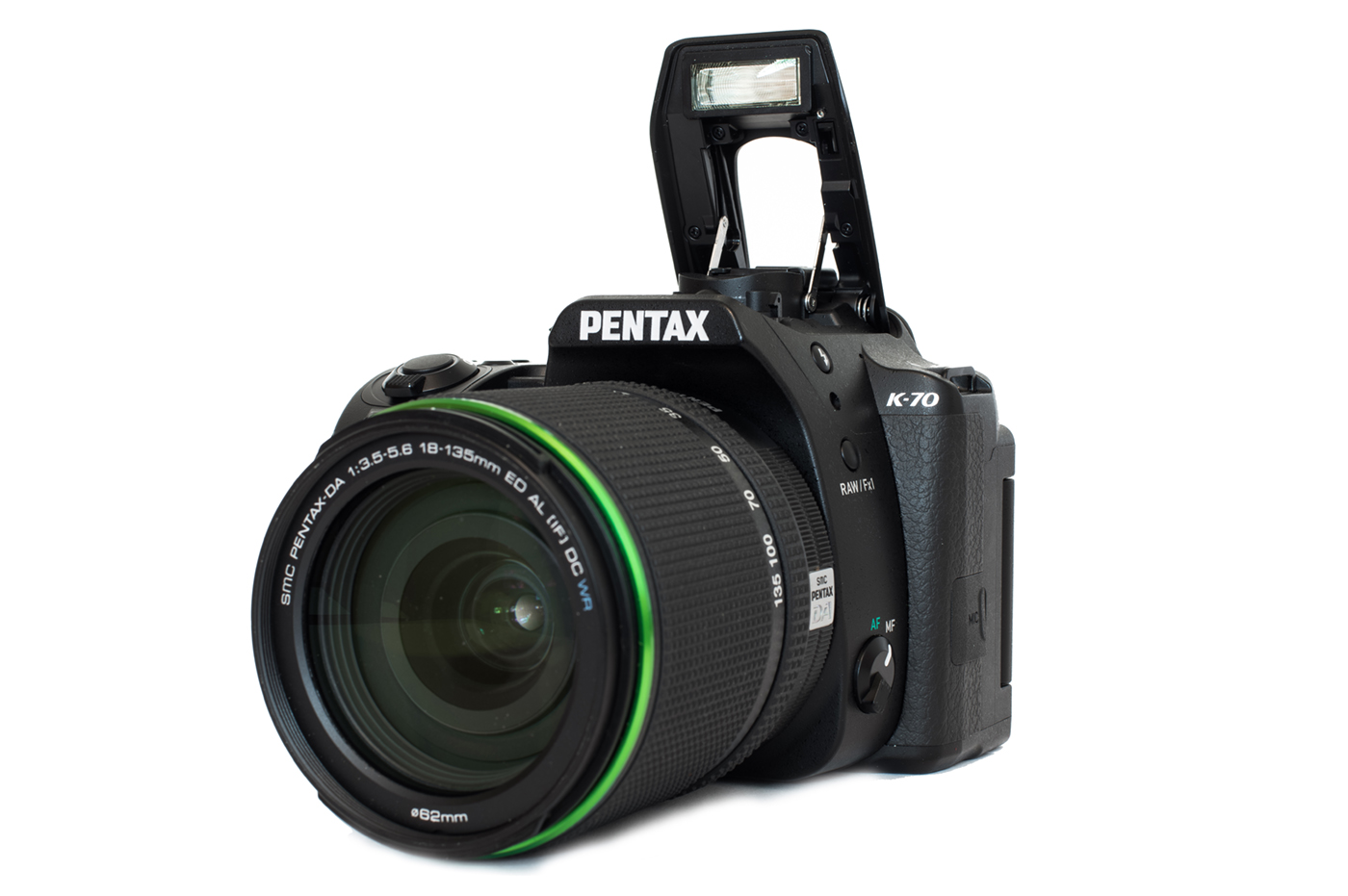 The Pentax K-70 with its flash up